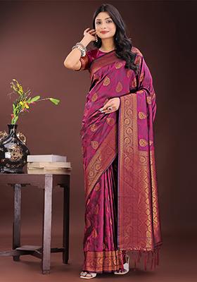 Purple Woven Zari Work Silk Saree Set