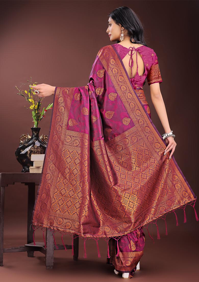 Purple Woven Zari Work Silk Saree Set