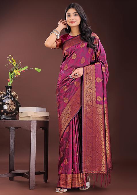 Purple Woven Zari Work Silk Saree Set