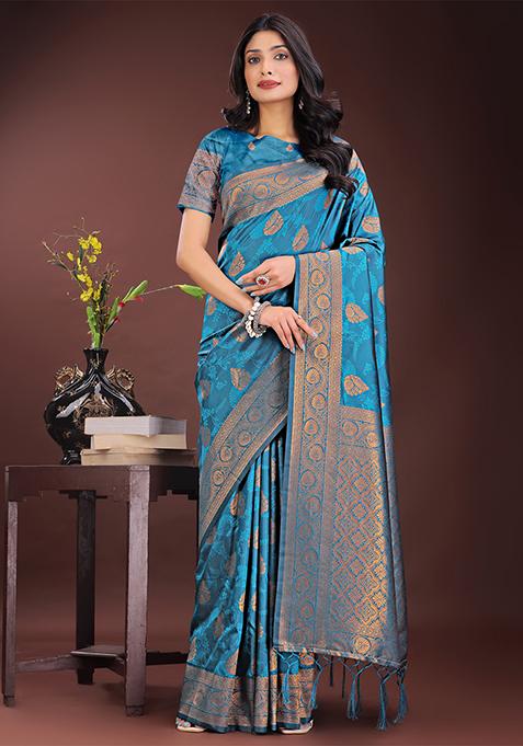 Teal Blue Woven Zari Work Silk Saree Set