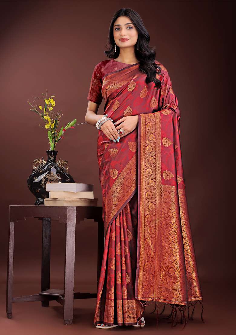 Maroon Woven Zari Work Silk Saree Set - Indya