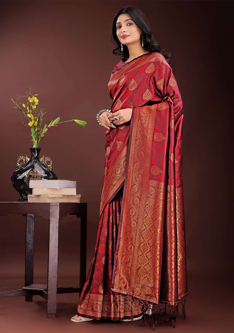 Maroon Woven Zari Work Silk Saree Set - Indya
