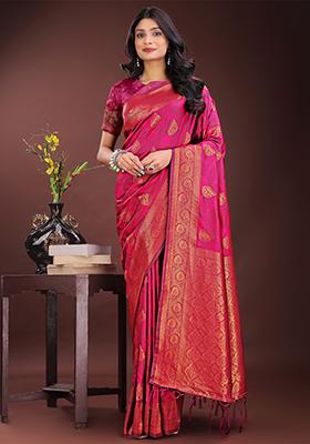 Magenta Woven Zari Work Silk Saree Set