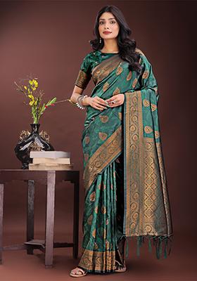 Dark Green Woven Zari Work Silk Saree Set