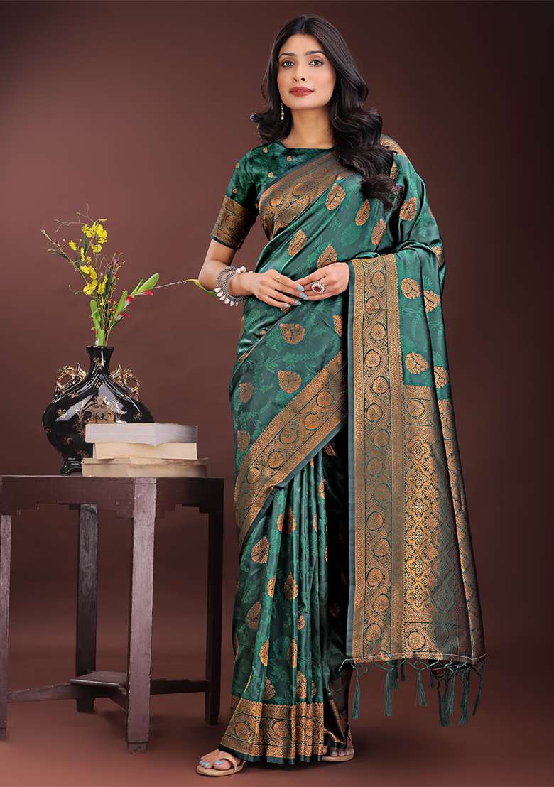 Dark Green Woven Zari Work Silk Saree Set - Indya