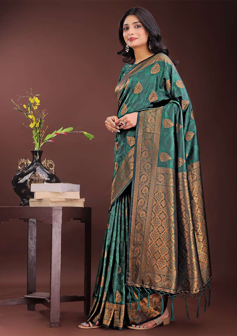 Dark Green Woven Zari Work Silk Saree Set - Indya