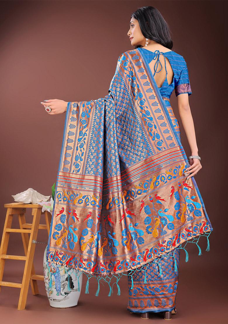 Blue Woven Zari Work Silk Saree Set