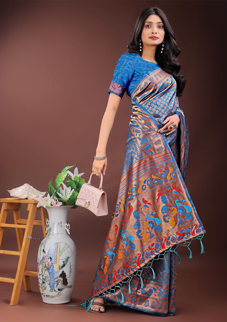 Blue Woven Zari Work Silk Saree Set