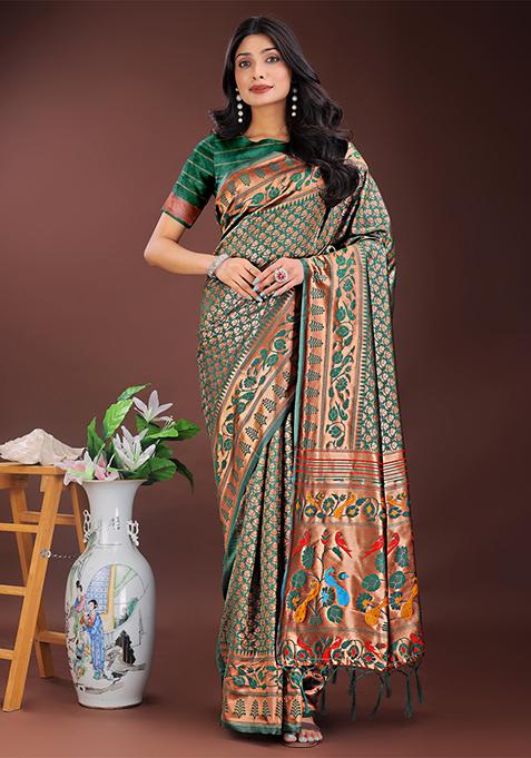 Green Woven Zari Work Silk Saree Set