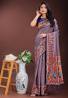 Navy Blue Woven Zari Work Silk Saree Set