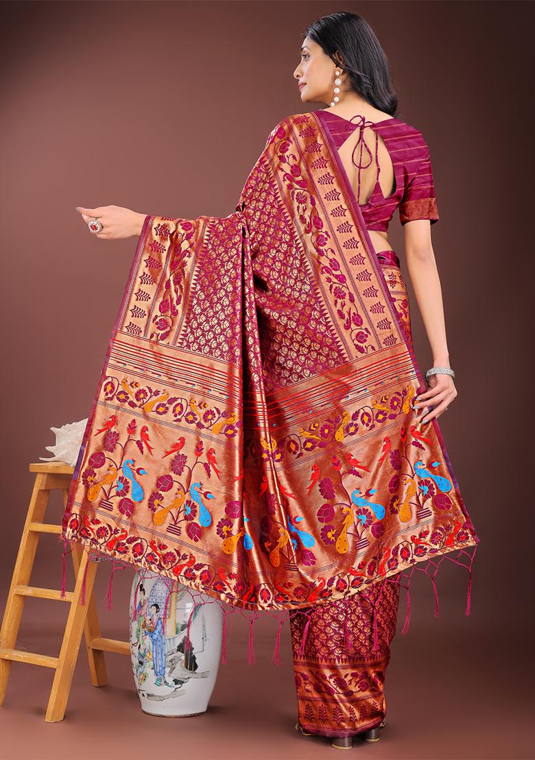 Magenta Woven Zari Work Silk Saree Set