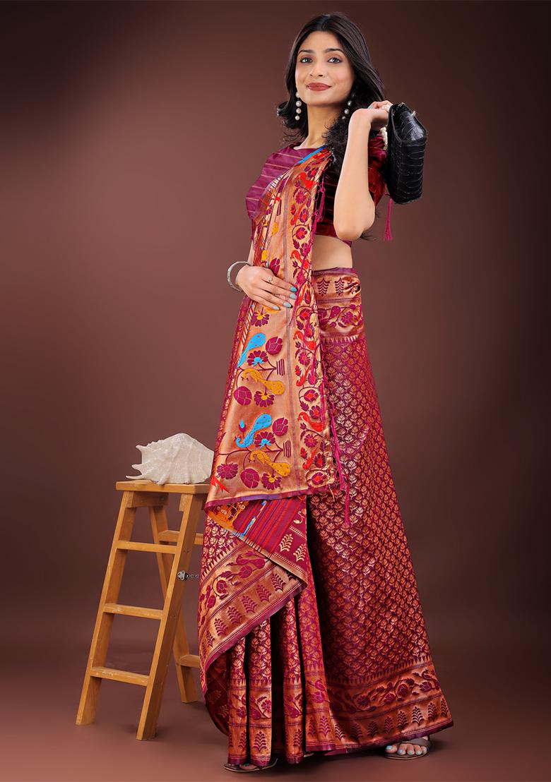 Magenta Woven Zari Work Silk Saree Set