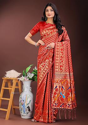 Red Woven Zari Work Silk Saree Set