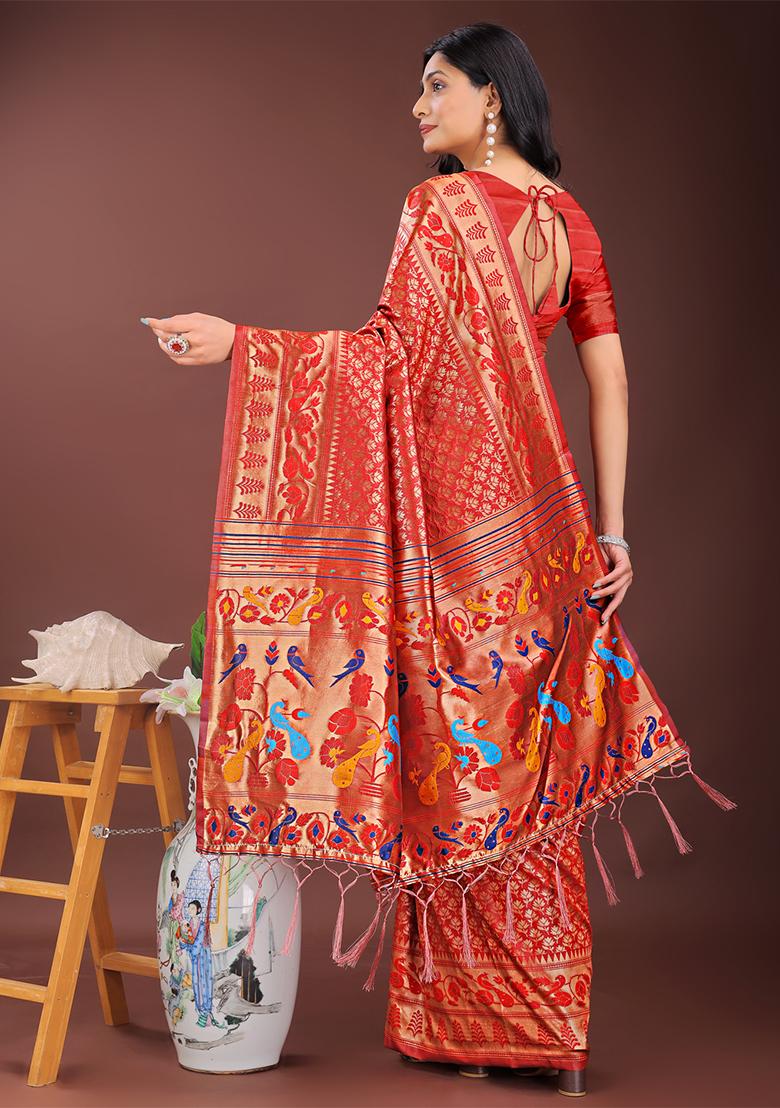 Red Woven Zari Work Silk Saree Set