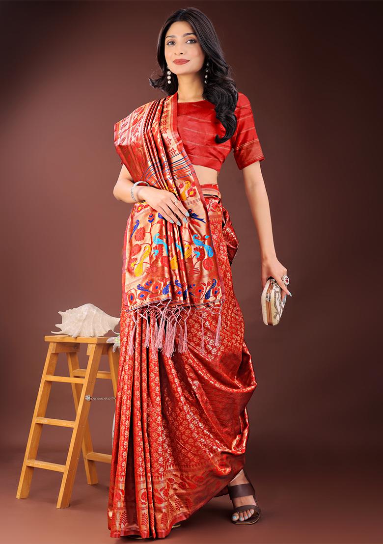 Red Woven Zari Work Silk Saree Set