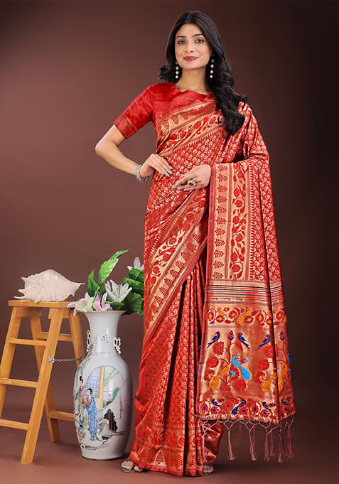 Red Woven Zari Work Silk Saree Set