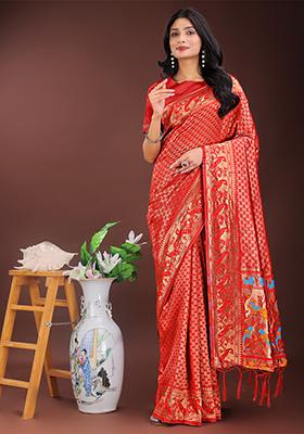 Red Woven Zari Work Silk Saree Set