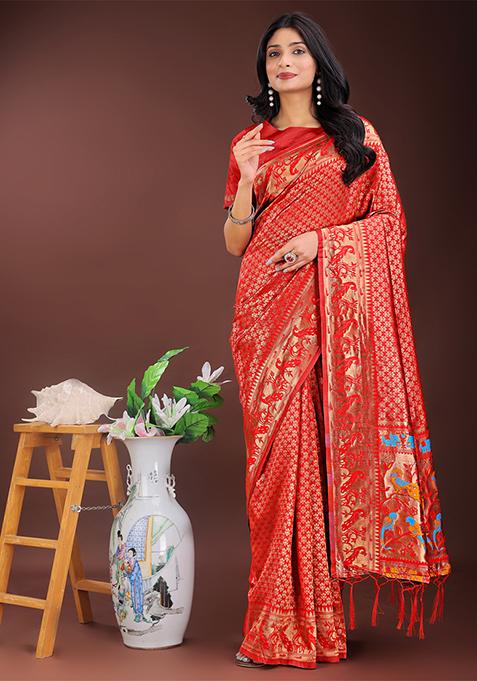 Red Woven Zari Work Silk Saree Set
