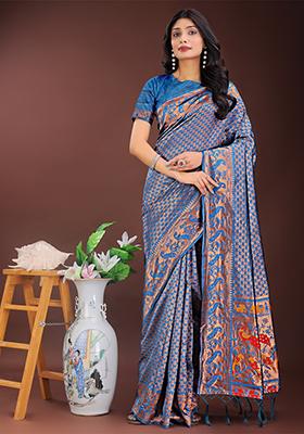 Blue Woven Zari Work Silk Saree Set