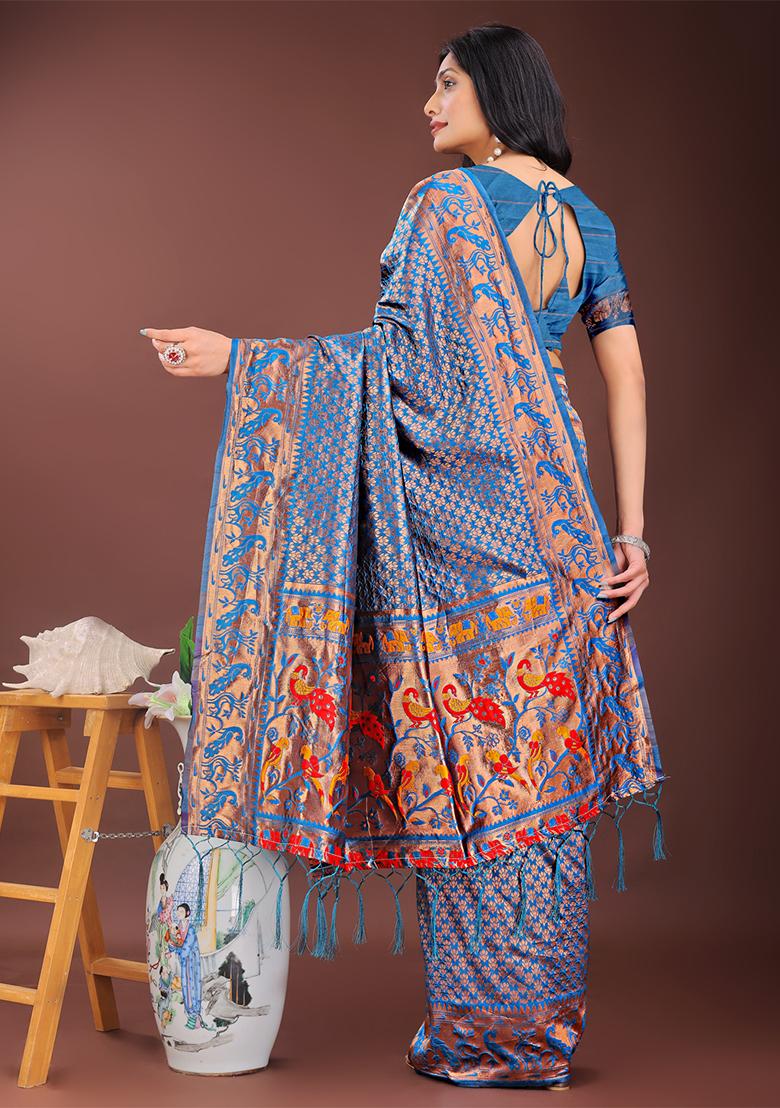 Blue Woven Zari Work Silk Saree Set