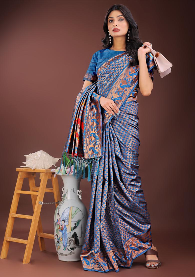 Blue Woven Zari Work Silk Saree Set
