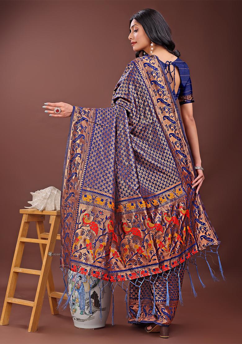 Navy Blue Woven Zari Work Silk Saree Set