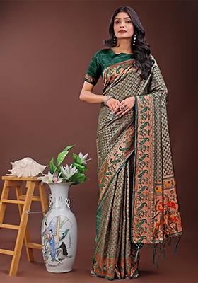 Green Woven Zari Work Silk Saree Set