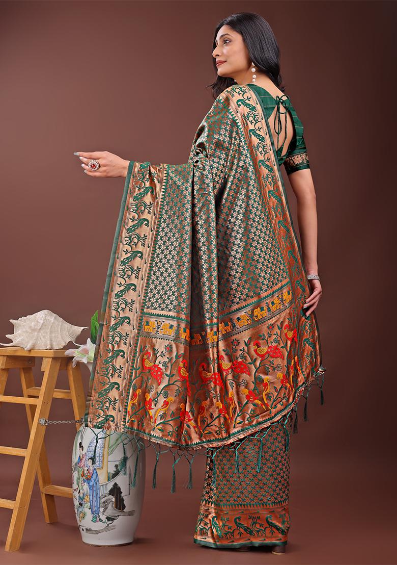 Green Woven Zari Work Silk Saree Set