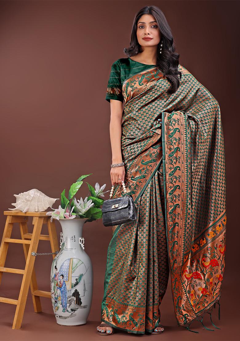 Green Woven Zari Work Silk Saree Set