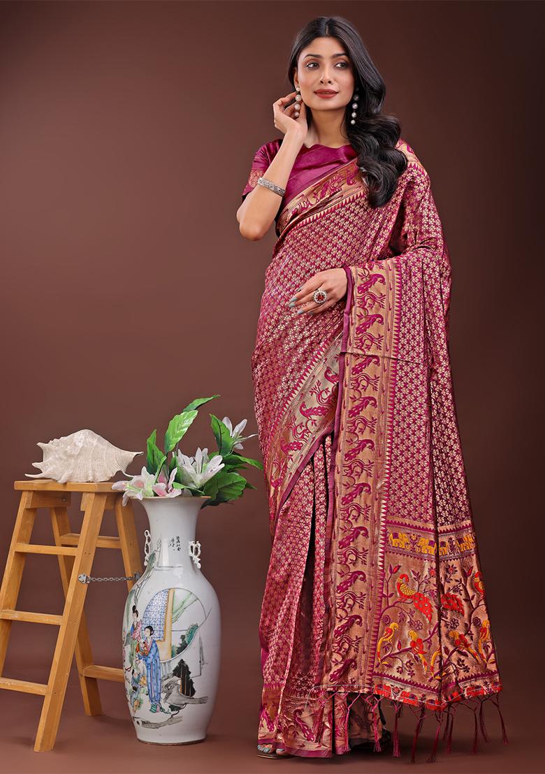 Purple Woven Zari Work Silk Saree Set