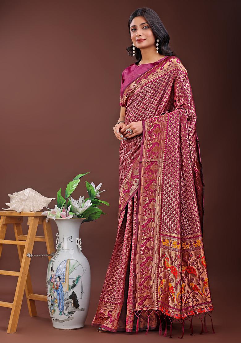 Purple Woven Zari Work Silk Saree Set