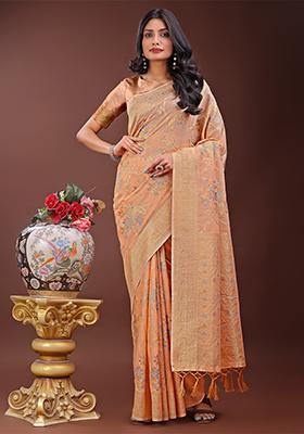 Orange Woven Zari Work Linen Cotton Saree Set
