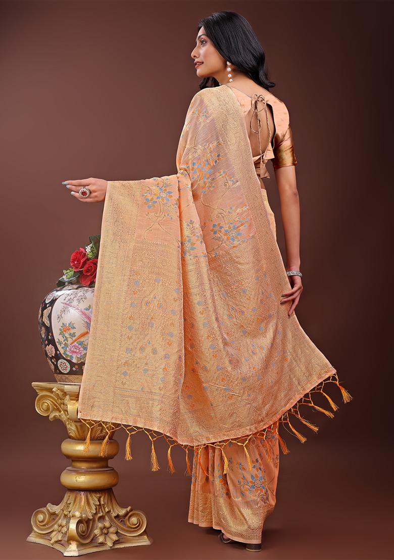 Orange Woven Zari Work Linen Cotton Saree Set