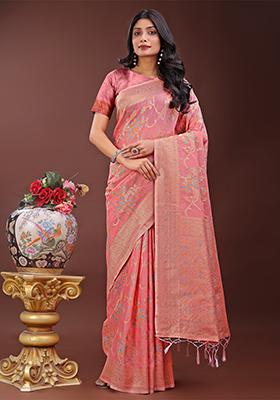 Peach Woven Zari Work Linen Cotton Saree Set