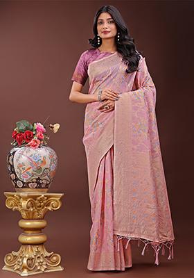 Light Pink Woven Zari Work Linen Cotton Saree Set