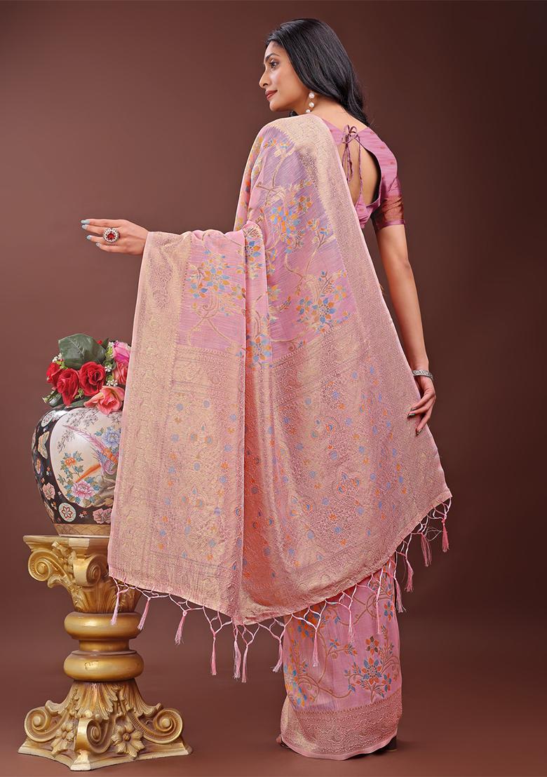 Light Pink Woven Zari Work Linen Cotton Saree Set
