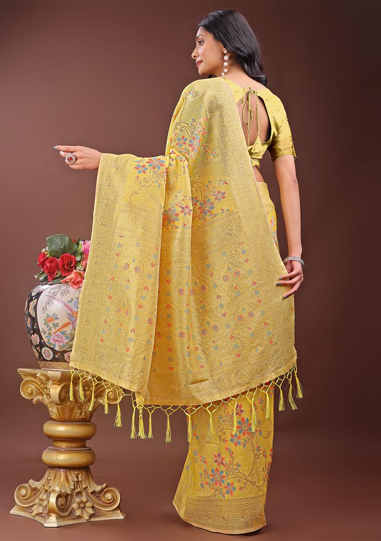 Yellow Woven Zari Work Linen Cotton Saree Set