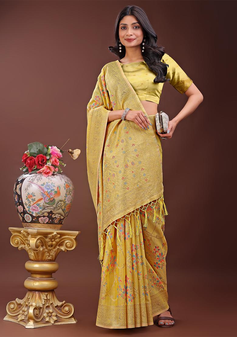 Yellow Woven Zari Work Linen Cotton Saree Set