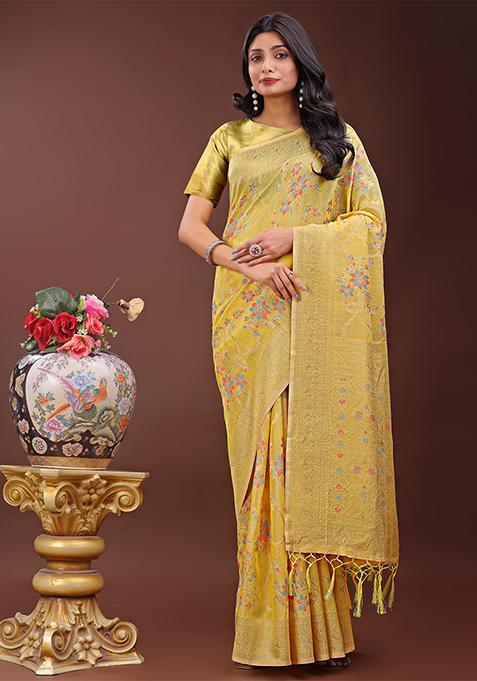 Yellow Woven Zari Work Linen Cotton Saree Set