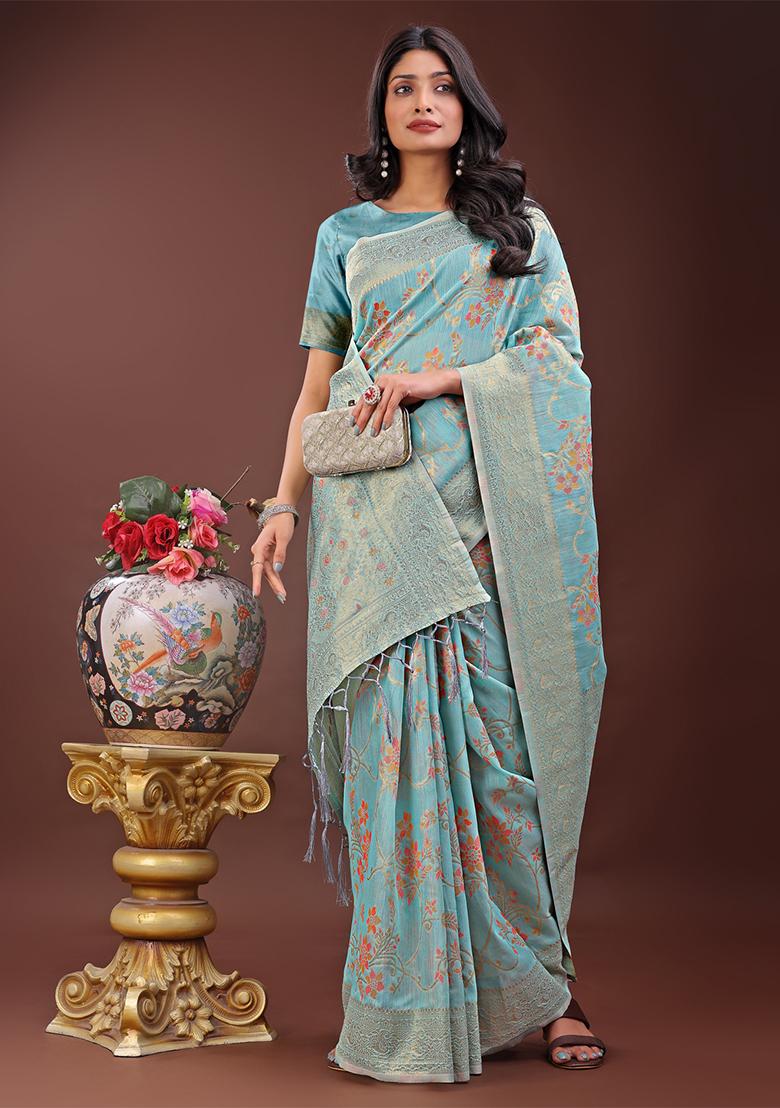 Light Blue Woven Zari Work Linen Cotton Saree Set