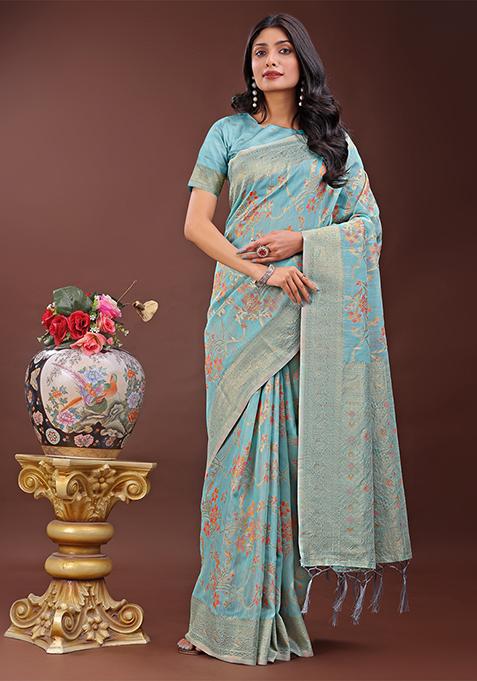 Light Blue Woven Zari Work Linen Cotton Saree Set