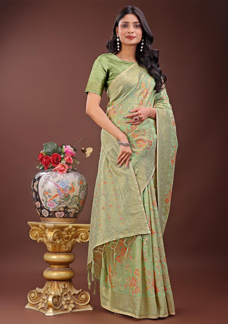 Light Green Woven Zari Work Linen Cotton Saree Set