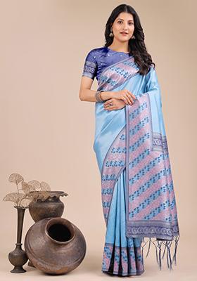 Sky Blue Woven Zari Work Silk Saree Set