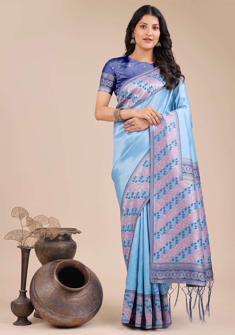 Sky Blue Woven Zari Work Silk Saree Set - Indya