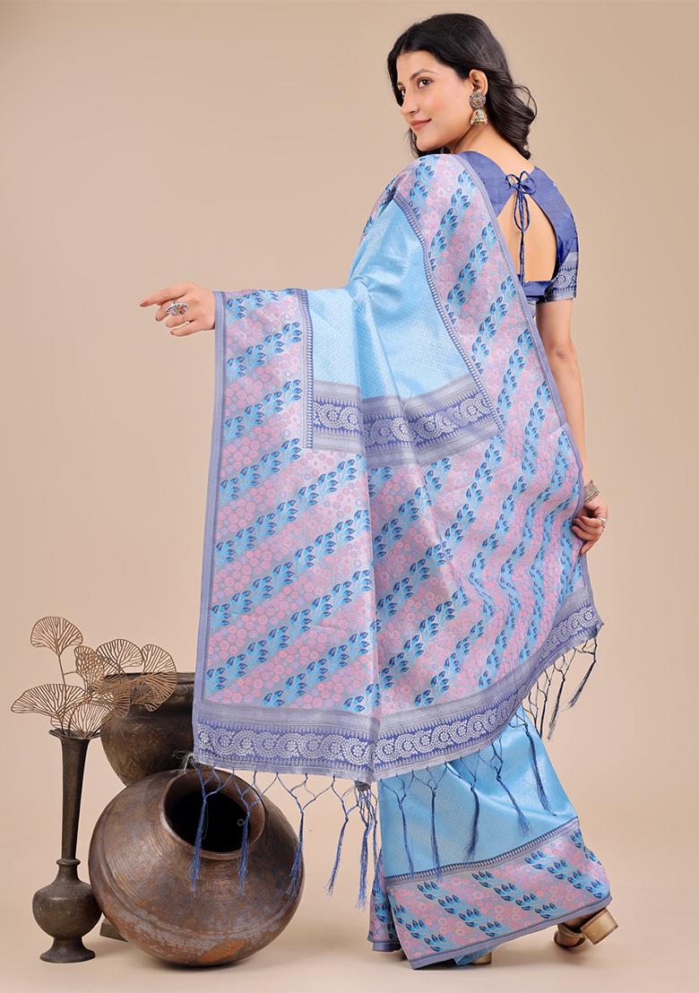 Sky Blue Woven Zari Work Silk Saree Set