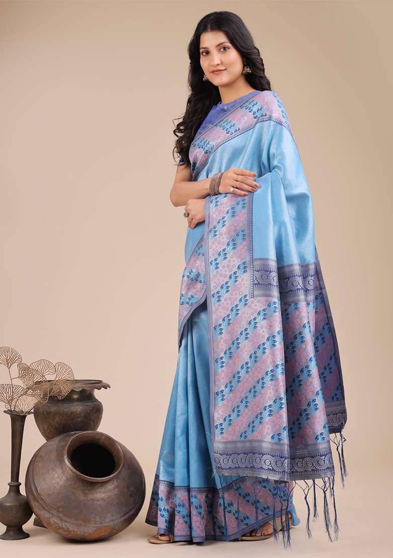 Sky Blue Woven Zari Work Silk Saree Set - Indya