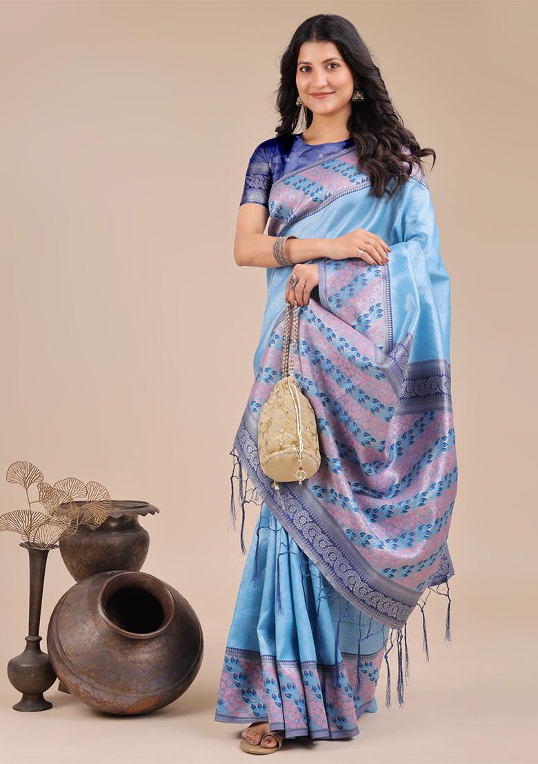 Sky Blue Woven Zari Work Silk Saree Set