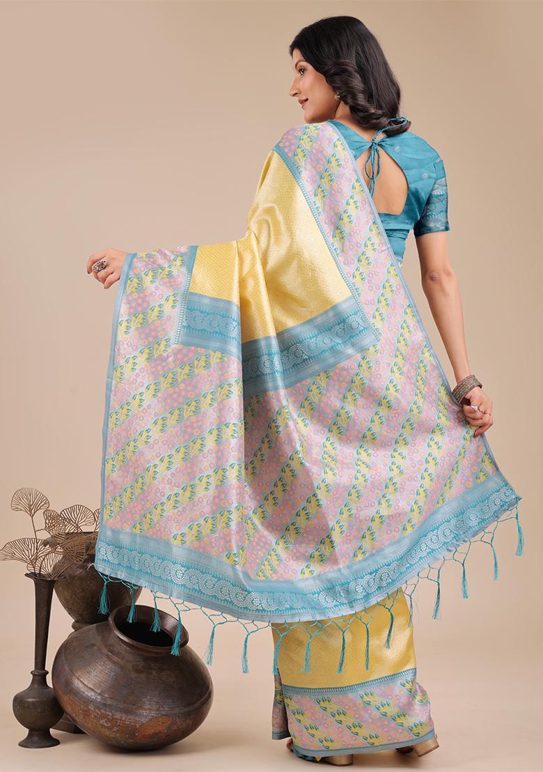 Yellow Woven Zari Work Silk Saree Set