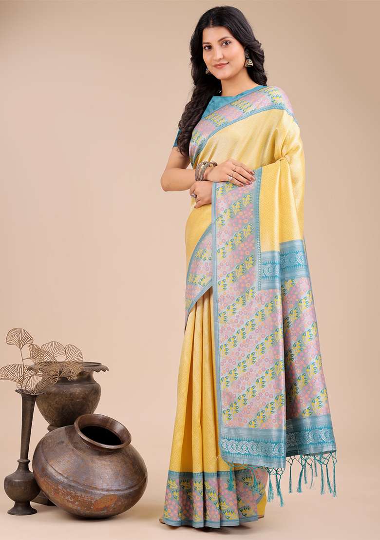 Yellow Woven Zari Work Silk Saree Set - Indya