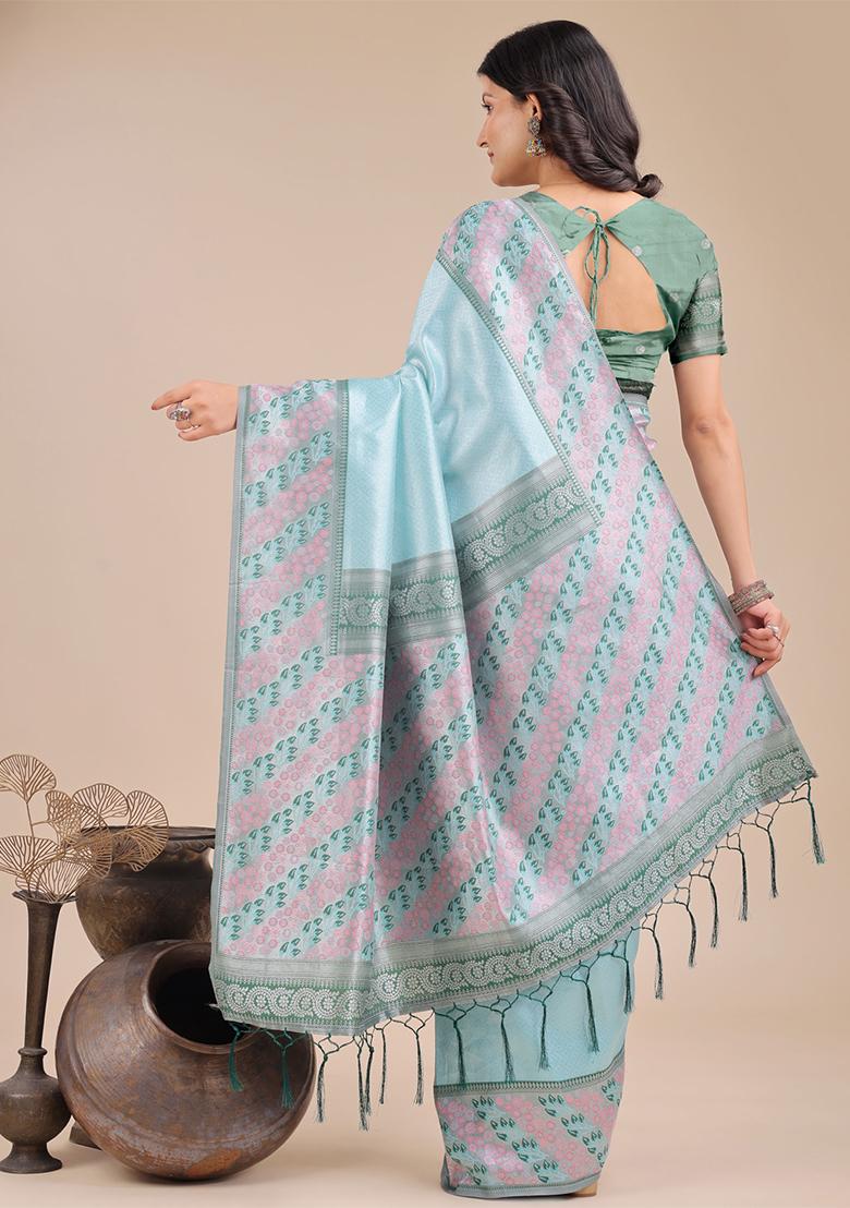 Teal Blue Woven Zari Work Silk Saree Set